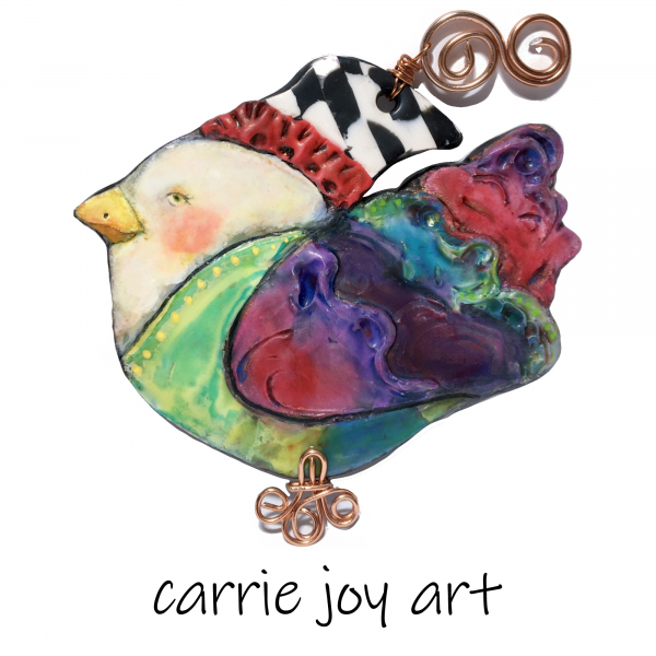 Folk Art colorful polymer Clay Bird wall ornament.