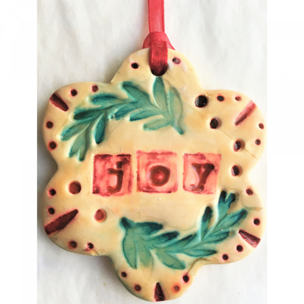 Set of Two Handmade Polymer Clay Christmas Ornaments Peace Joy Biscuit Flower Sh