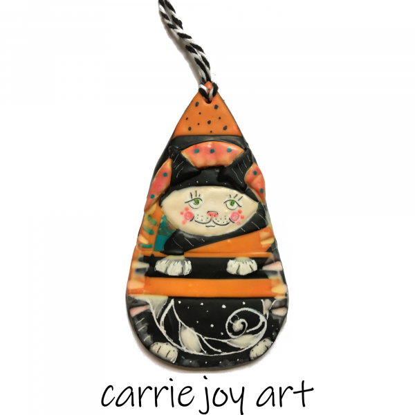 Fun and Funky Cat with a Witchy Orange Dot Hat : Folky Polymer Clay Art Ornament