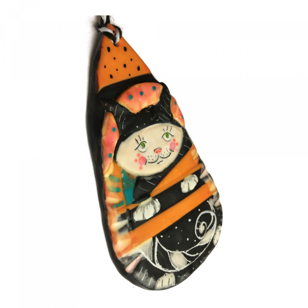 Fun and Funky Cat with a Witchy Orange Dot Hat : Folky Polymer Clay Art Ornament