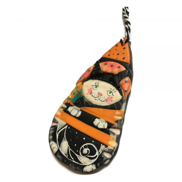 Fun and Funky Cat with a Witchy Orange Dot Hat : Folky Polymer Clay Art Ornament