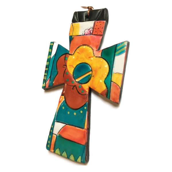 Polymer Clay Cross Ornament Talavera Style. Bright Colors. Unique, Original Art