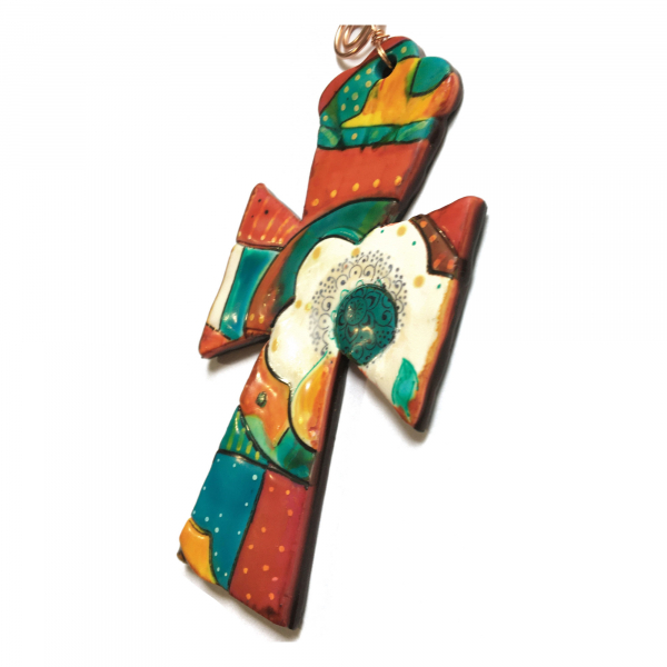 Polymer Clay Cross Ornament Talavera Style. Bright Colors. Unique, Original Art