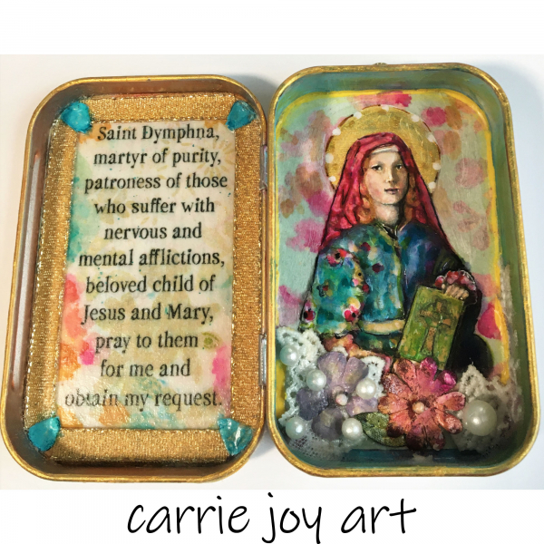Saint Dymphna Christian Tin, Pocket Shrine, Altered Metal, Assemblage Art, Retab