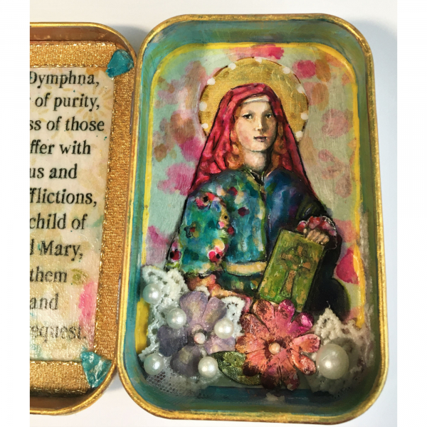 Saint Dymphna Christian Tin, Pocket Shrine, Altered Metal, Assemblage Art, Retab