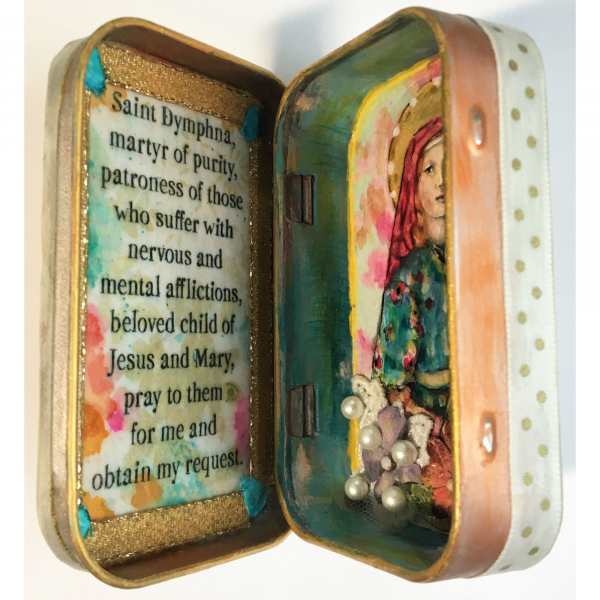 Saint Dymphna Christian Tin, Pocket Shrine, Altered Metal, Assemblage Art, Retab