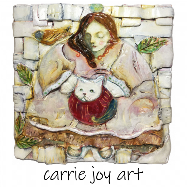 Polymer clay art. Cat, bird and girl in a garden.