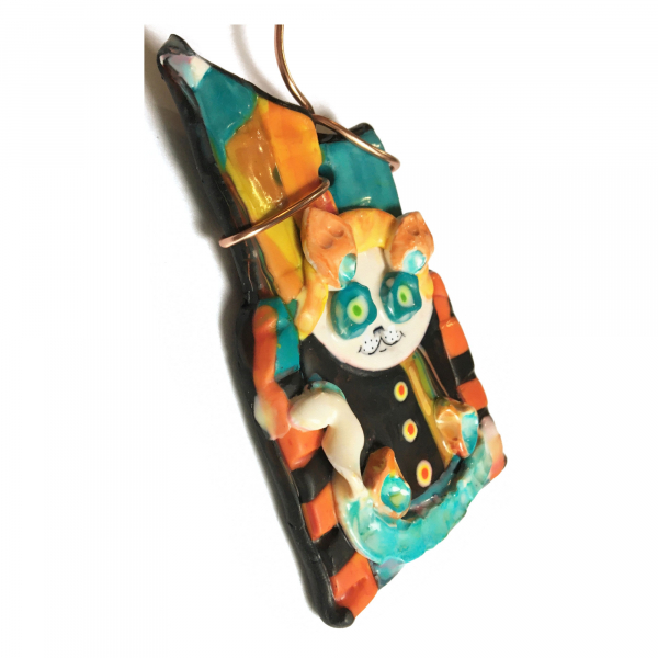 Fun Colorful Cat with a Funky Hat : Folky Polymer Clay Art Ornament Retro Feel w