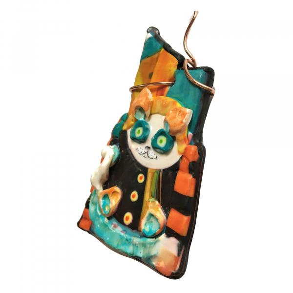 Fun Colorful Cat with a Funky Hat : Folky Polymer Clay Art Ornament Retro Feel w