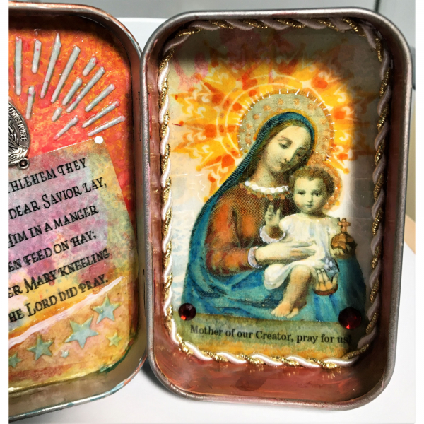 Mother Mary Christian Tin, Pocket Shrine, Vintage Holy Card, Assemblage Art, Ret