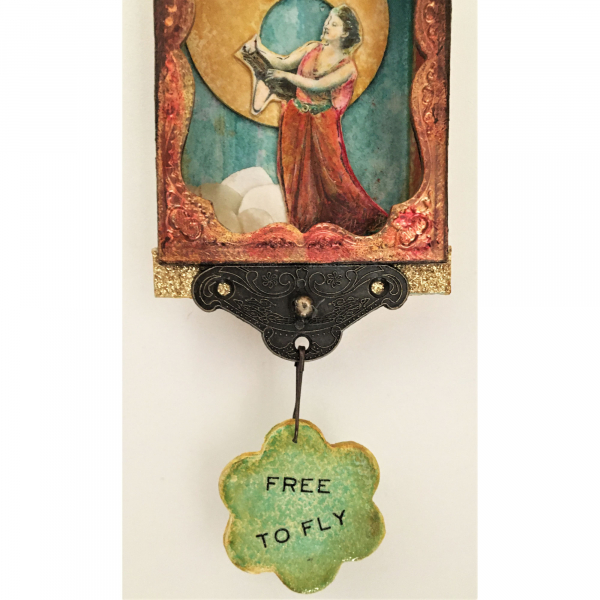 Free to Fly Altered Art Tin. Inspirational, vintage shadow box..  Woman, Moon an