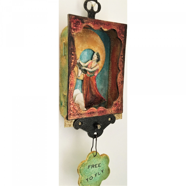 Free to Fly Altered Art Tin. Inspirational, vintage shadow box..  Woman, Moon an