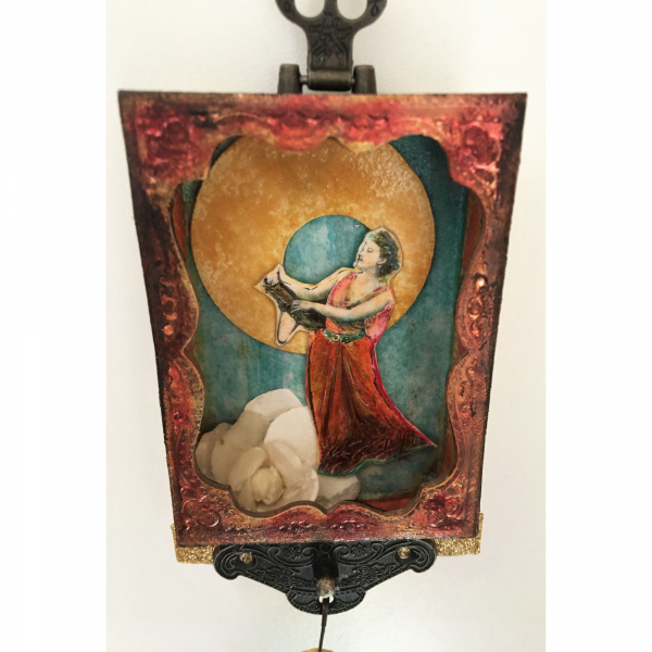 Free to Fly Altered Art Tin. Inspirational, vintage shadow box..  Woman, Moon an