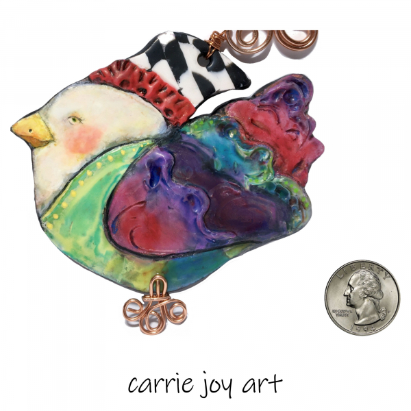 Folk Art colorful polymer Clay Bird wall ornament.