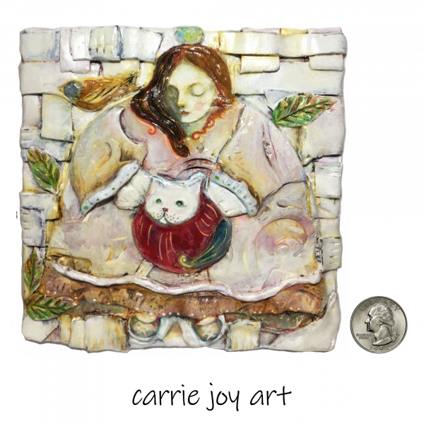 Polymer clay art. Cat, bird and girl in a garden.