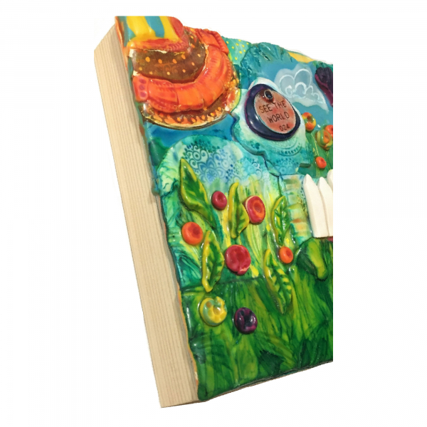 See The World Polymer Clay Sculpture mounted on Wood Panel. Dimensional Wall Art