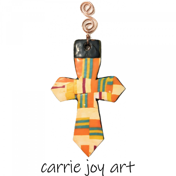 Faith in Stripes Polymer Clay Cross Ornament. Unique, Original Art Wall Hanging.