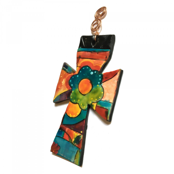 Polymer Clay Cross Ornament Talavera Style. Bright Colors. Unique, Original Art