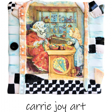 Curious Things - Alice, Wonderland, Looking Glass, White Sheep in Tea Shop Painting, Illustration on hand sculpted Clay. Presented on cradled Birch Panel Curious Things - Alice, Wonderland, Looking Glass, White Sheep in Tea Shop Paint