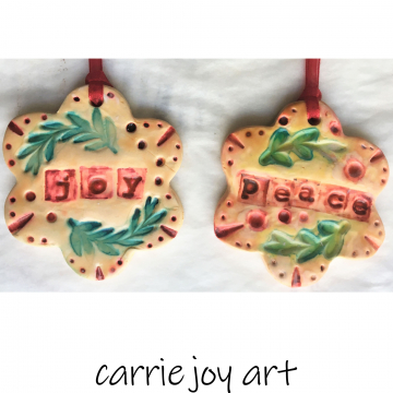 Set of Two Handmade Polymer Clay Christmas Ornaments Peace Joy Biscuit Flower Sh