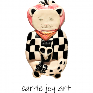 Bandit Cat : Funky and Folky Polymer Clay Art Garden Indoor/Outdoor Ornament with Black and White Buffalo Checks. One of a Kind. Bandit Cat : Funky and Folky Polymer Clay Art Garden Indoor/Outdoor Ornament wit