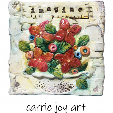 Imagine - Clay Sculpted and Painted on Cradled Panel. Bohemian, Folk, Rustic, Primitive. White with colorful flowers. Imagine - Clay Sculpted and Painted on Cradled Panel. Bohemian, Folk, Rustic, Pr