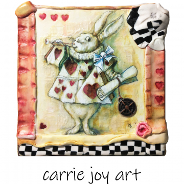 Steal a Tart - Alice in Wonderland White Rabbit Painting, Illustration on hand sculpted Clay. Presented on cradled Birch Panel