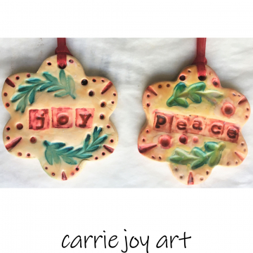 Set of Two Handmade Polymer Clay Christmas Ornaments Peace, Joy. Biscuit Flower Shapes. Vintage, Aged, Retro Style