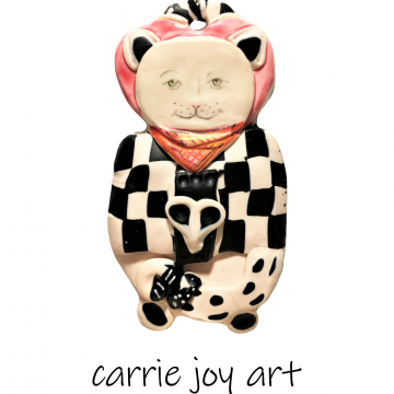 Bandit Cat : Funky and Folky Polymer Clay Art Garden Indoor/Outdoor Ornament with Black and White Buffalo Checks. One of a Kind.