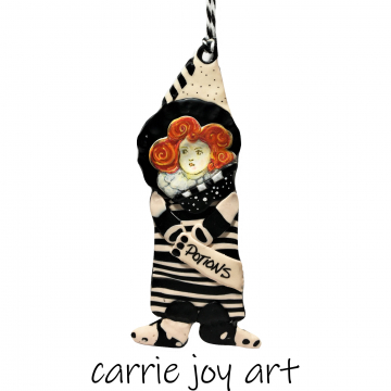 The Good Witch : Funky and Folky Polymer Clay Art Garden Indoor/Outdoor Ornament with Black and White Stripes. One of a Kind.
