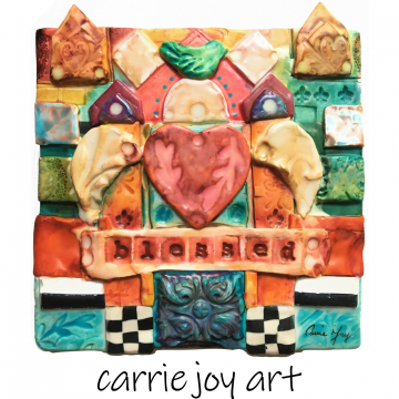 Bless This House Polymer Clay Sculpture mounted on Wood Panel. Dimensional Wall Art. Bright, Fun, Whimsical Assemblage Mosaic Retablo