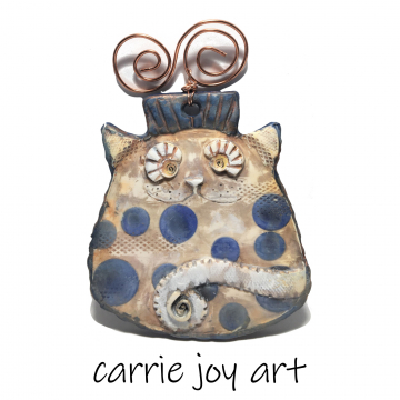 Happy Cat: One of a Kind. Hand painted, sculpted and embellished Polymer Clay cat art object, sculptured ornament.