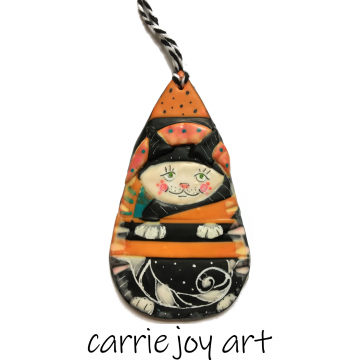 Fun and Funky Cat with a Witchy Orange Dot Hat : Folky Polymer Clay Art Ornament Retro Feel with Black and Orange Stripes. One of a Kind.