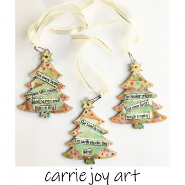 Set of Three Christmas Tree Ornaments. Sugar Cookie effect. Handmade Joy to the World Song Lyrics Collage