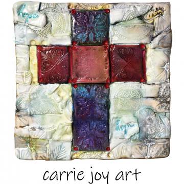 Stamped Hope Cross : Etched Clay Mosaic Cross on cradled Birch Panel