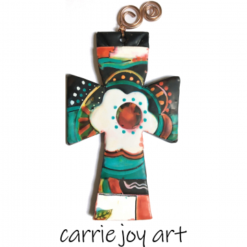 Polymer Clay Cross Ornament Talavera Style. Bright Colors. Unique, Original Art Wall Hanging. Home Decor Accent