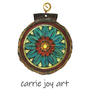 Healing Mandala I : Retro - Vintage style Mandala. Hand painted, sculpted and embellished Polymer Clay medallion sculptured ornament.