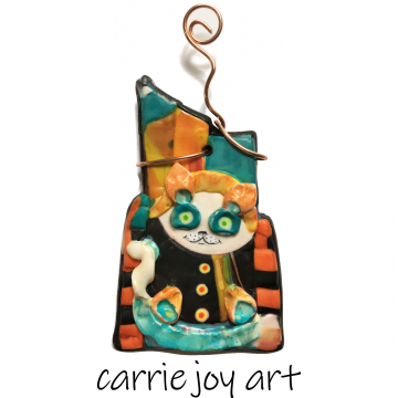 Fun Colorful Cat with a Funky Hat : Folky Polymer Clay Art Ornament Retro Feel with Black and Orange Stripes. One of a Kind.