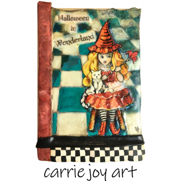 Halloween in Wonderland - Alice and her Cat, Looking Glass, Vintage, Retro Painting, Illustration on hand sculpted Clay. On Birch Panel