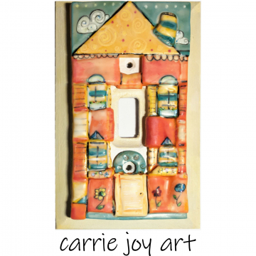 Home Sweet Home Colorful, Cheerful Peace Plate. Sculpted clay on wood Switch Plate Cover. Original art. Decorative Single Toggle .
