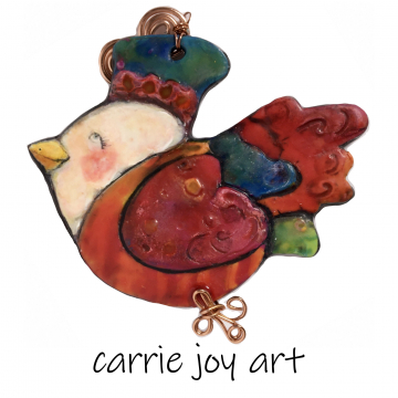 Mrs. Top Hat - Folk Art colorful polymer Clay Bird wall ornament. Hand painted, sculpted and embellished art object.