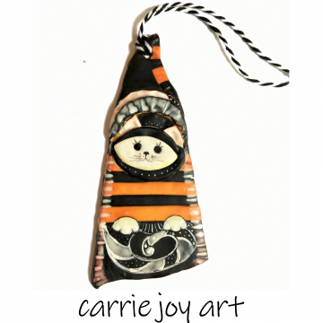 Fun and Funky Cat with a Witchy Hat : Folky Polymer Clay Art Ornament Retro Feel with Black and Orange Stripes. One of a Kind.