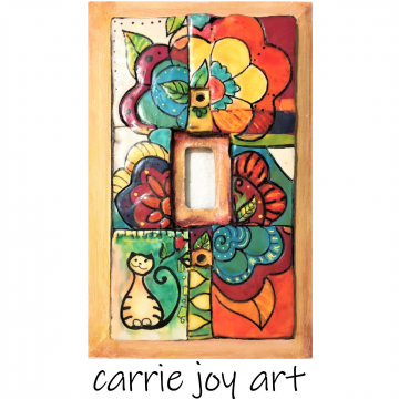 Talavera Cat Colorful Flowery Peace Plate. Sculpted clay on wood Switch Plate Cover. Original art. Decorative Single Toggle .