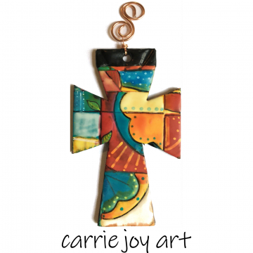 Polymer Clay Cross Ornament Talavera Style. Bright Colors. Unique, Original Art Wall Hanging. Home Decor Accent