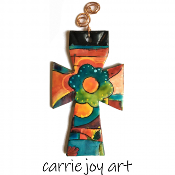 Polymer Clay Cross Ornament Talavera Style. Bright Colors. Unique, Original Art Wall Hanging. Home Decor Accent