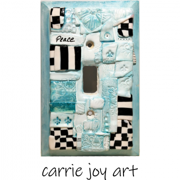 Retro Turquoise Black and White Peace Plate. Sculpted clay and inks on wood Switch Plate Cover. Original art. Decorative Single Toggle .